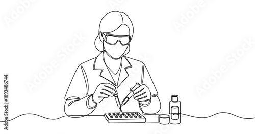 Female scientist conducting experiment with lab equipment in continuous line art. No editable stroke