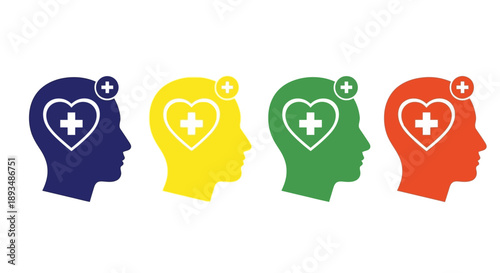 Colorful heads with hearts and crosses illustration showcasing diversity and health
