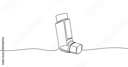 Line art of an inhaler on white background for respiratory health awareness. No editable stroke