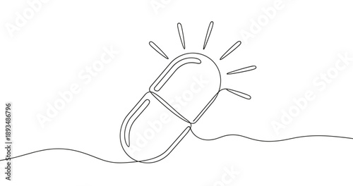 Minimalist continuous line art of a glowing capsule on white background. No editable stroke