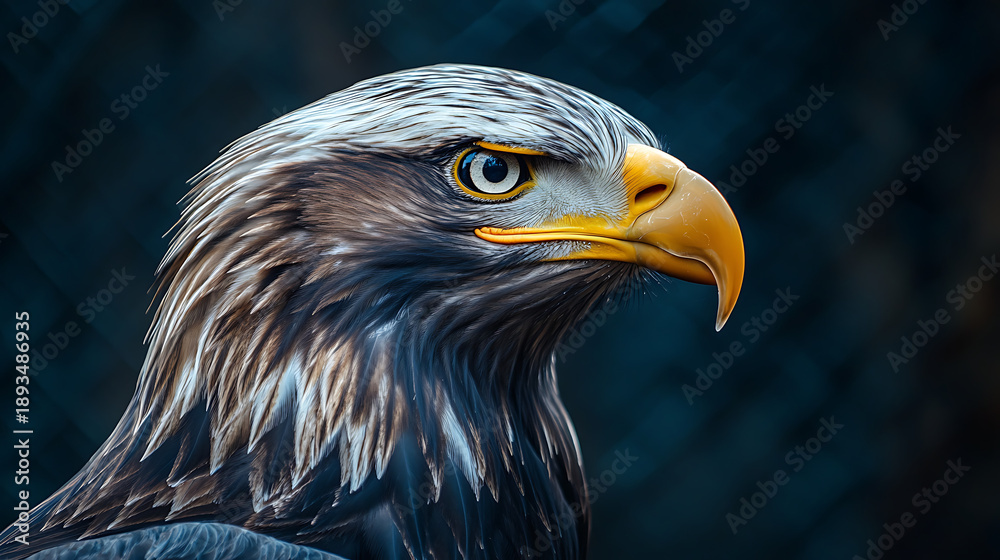 Obraz premium Close-up portrait of a majestic Eagle, looking intensely into the distance, dramatic side lighting, dark, moody background, hyper-realistic