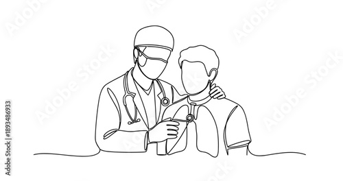 Line art of doctor examining patient with stethoscope. No editable stroke