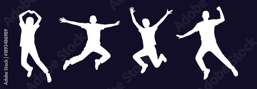 Happy people jumping silhouette illustration featuring energetic human figures with raised arms, white silhouettes on dark background for joy, freedom, success, and active lifestyle concepts