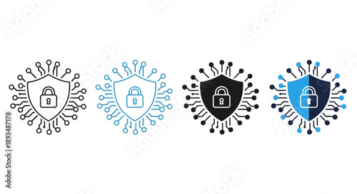 Secure shield protection icons against virus threats in various styles and colors