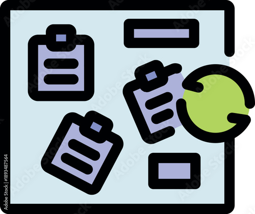 Agile project management methodology visualized with notes on kanban board and refresh symbol, representing iterative development process
