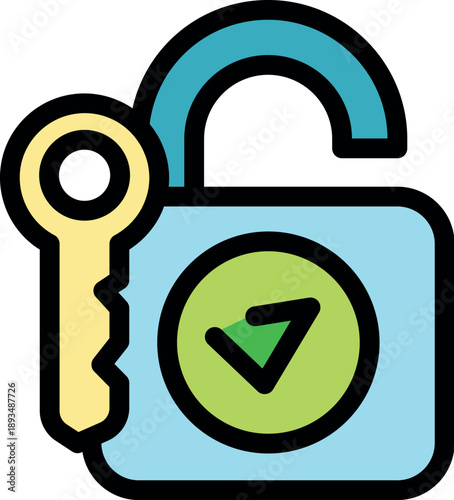 Open padlock with key and check mark, representing successful unlocking, security, access, and data protection