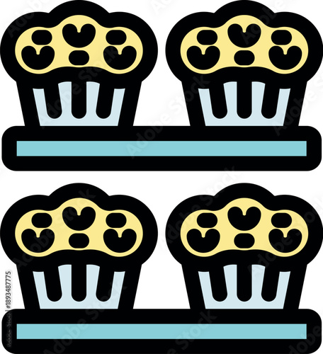 Four muffins cooling down on a wire rack after baking, representing homemade pastries, bakery goods, or cooking