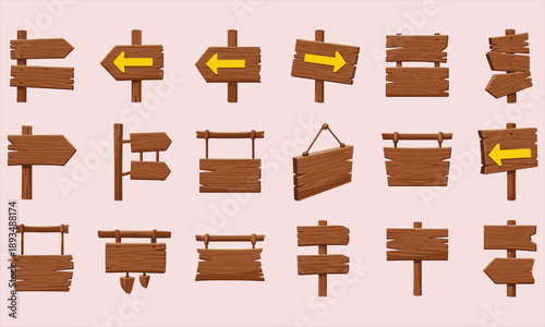 Cartoon wooden signboards set with arrow direction boards, rustic hanging signs and navigation elements isolated on soft pink background design