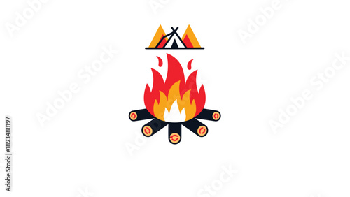 Warm campfire with orange flames and logs is shown below a small minimalist tent icon for camping and outdoor themes.