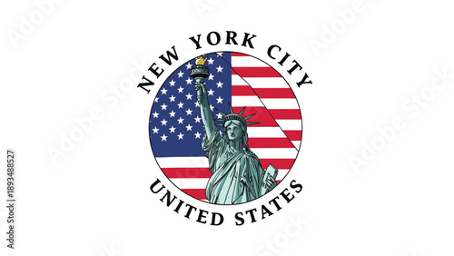 Circular New York City emblem features the Statue of Liberty silhouette set against the stars and stripes of the American flag.