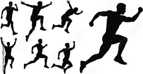 Running and jumping athlete silhouette illustration set showing dynamic male sports poses, black human figures for fitness, speed, motion, and active lifestyle design concepts