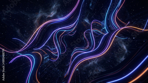 3D abstract sound waves flowing through dark space with glowing edges, depth perspective, and dynamic lighting, representing immersive audio, futuristic technology, and music innovation