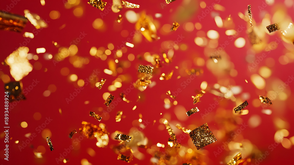 Fototapeta premium Gold confetti falling on a red background 