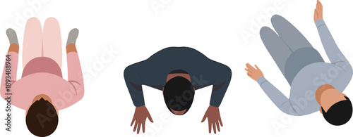 Top view people illustration set showing diverse men and women lying positions from above, flat modern style human figures for infographic and design use