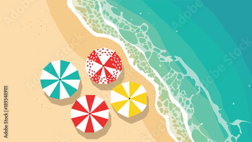 Aerial view of a tropical sandy beach shows colorful umbrellas near the turquoise ocean waves for vacation and travel themes.