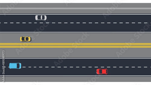 Overhead view of a multi-lane highway displays several colorful cars traveling along the road with dashed lane markings.