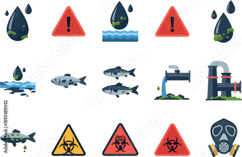 Environmental pollution icons depicting industrial waste, water contamination, and hazardous materials