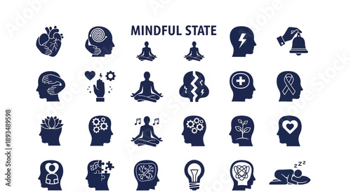 Collection of mindfulness icons representing mental states and meditation in various head silhouettes, vector illustration, premium file (251).eps