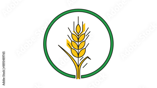 Stylized single golden wheat ear enclosed in a vibrant green circular frame representing organic agriculture and farming.