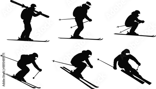 Skier silhouette action poses set showing downhill skiing movements, winter sport athlete figures, black vector illustration isolated white background