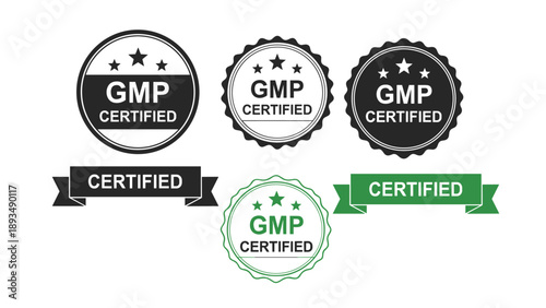 Collection of good manufacturing practice certified badges and ribbons in black green and outlined styles for quality control.