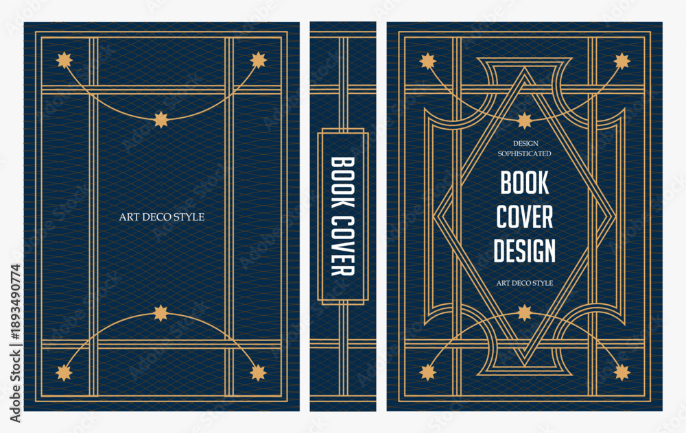 Fototapeta premium Classic vintage book cover and spine with gold and black art deco, art nouveau ornament, decorative frame, elegant retro style for classic publications, posters, artistic layouts