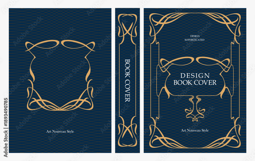Fototapeta premium Classic vintage book cover and spine with gold and black art deco, art nouveau ornament, decorative frame, elegant retro style for classic publications, posters, artistic layouts