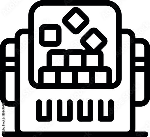 Ice maker machine making ice cubes, cooling system icon or logo, outline vector illustration