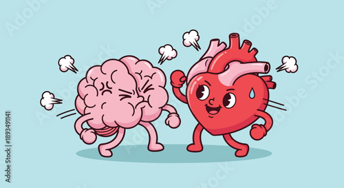 Cute Brain vs Heart Cartoon Illustration
