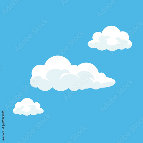 Cartoon clouds floating in a clear blue sky.