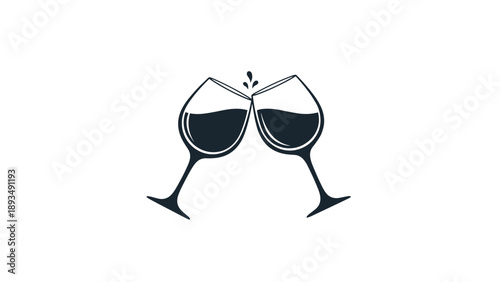 Two wine glasses filled with red wine clinking together in a celebratory toast silhouette illustration on white background.
