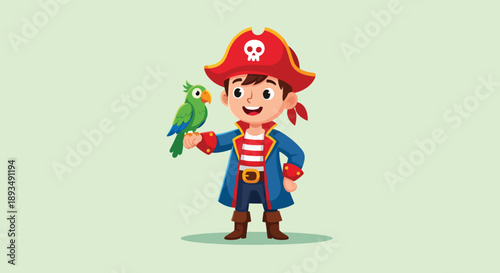Cartoon pirate boy with parrot on arm.