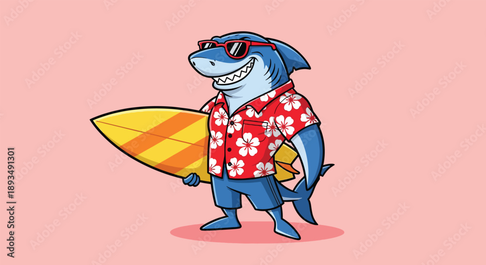 Fototapeta premium Cool Shark Surfer with Sunglasses and Hawaiian Shirt.
