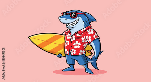 Cool Shark Surfer with Sunglasses and Hawaiian Shirt.
