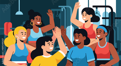 Happy diverse women giving high five during gym fitness workout training