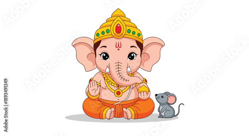Cute Baby Ganesha with Mouse Illustration.