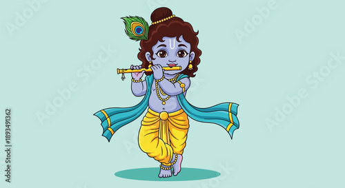Cute Baby Krishna Playing Flute with Peacock Feather.