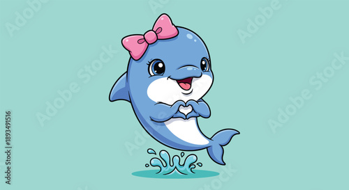 Cute cartoon dolphin with pink bow making heart gesture.