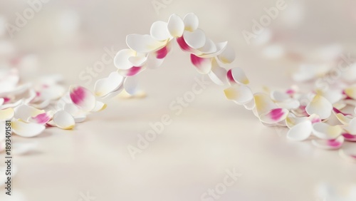 Abstract composition of delicate flower petals arranged to create a graceful arch with soft lighting and neutral tones