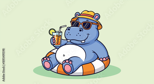 Cute cartoon hippo relaxing on a float with a drink.