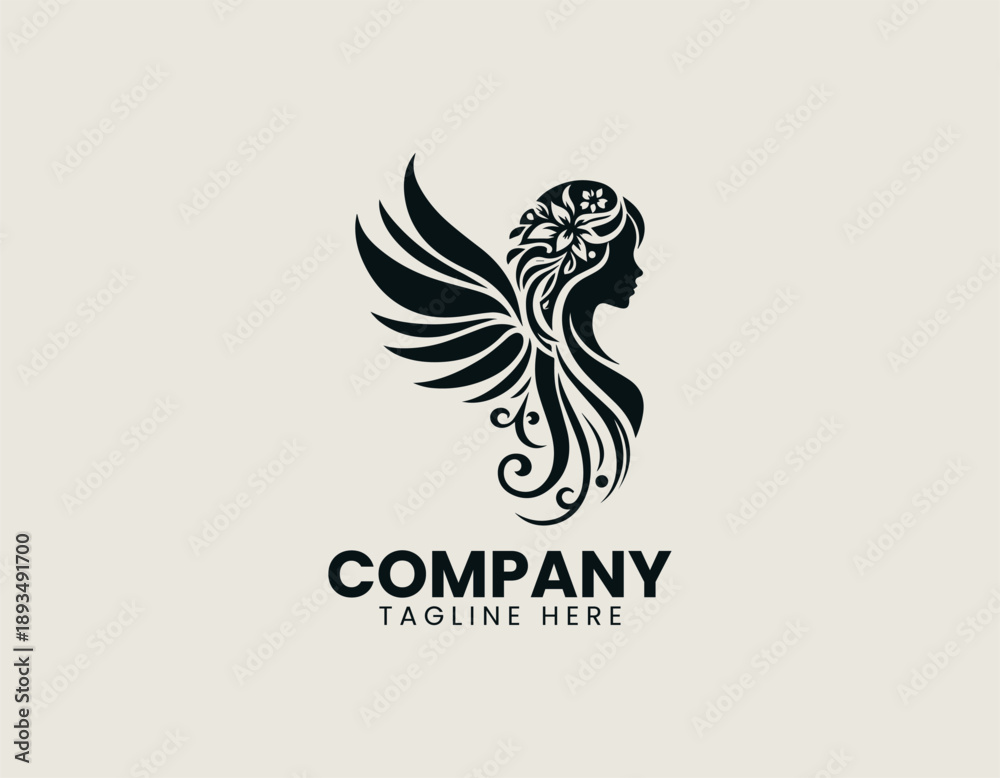 Fototapeta premium Winged female silhouette logo expresses elegance freedom and harmony in clean modern vector style