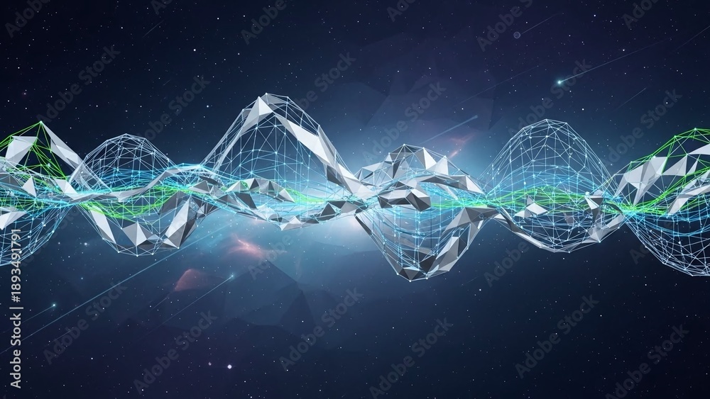 Fototapeta premium Futuristic crystal structures with glowing blue network and starry space background representing advanced technology and digital connectivity