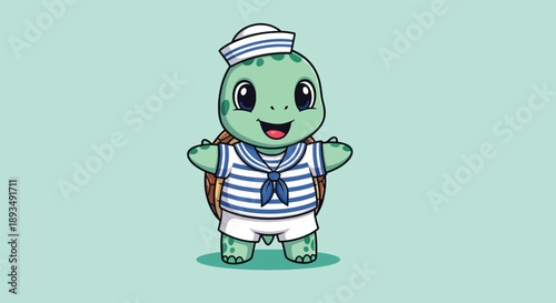 Cute cartoon turtle dressed as a sailor with a happy expression.