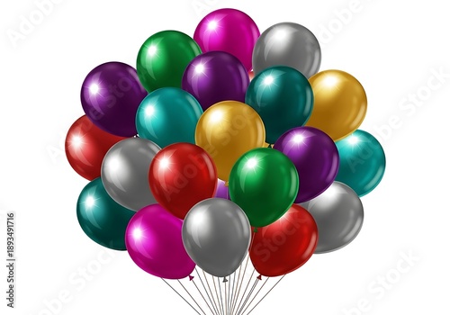 A happy bunch of colorful blue helium balloons isolated on white background for a fun 3d birthday party celebration or anniversary holiday decoration