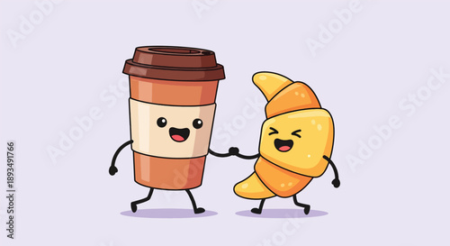 Cute Coffee Cup and Croissant Friends Walking Together.