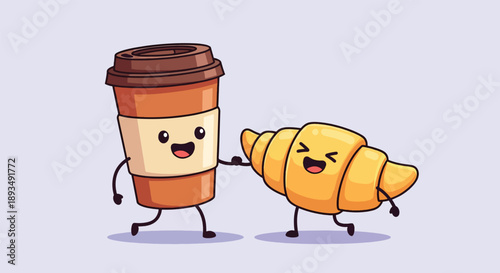 Cute Coffee Cup and Croissant Characters Walking Together.