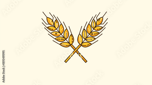 Crossed yellow wheat ears illustration on light beige background for agricultural harvest and bakery shop brand identity.