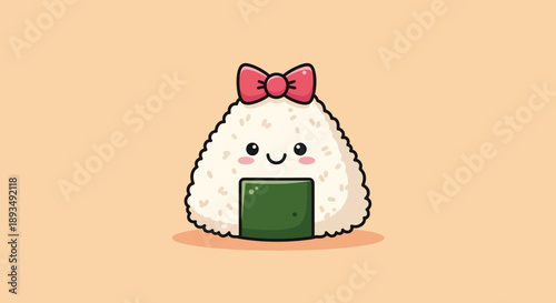 Cute Onigiri with Pink Bow Cartoon Illustration.