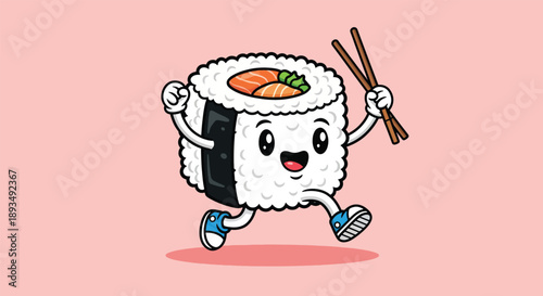 Cute Cartoon Sushi Roll Character Running with Chopsticks.