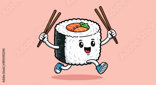 Cute Sushi Roll Character Running with Chopsticks Illustration.